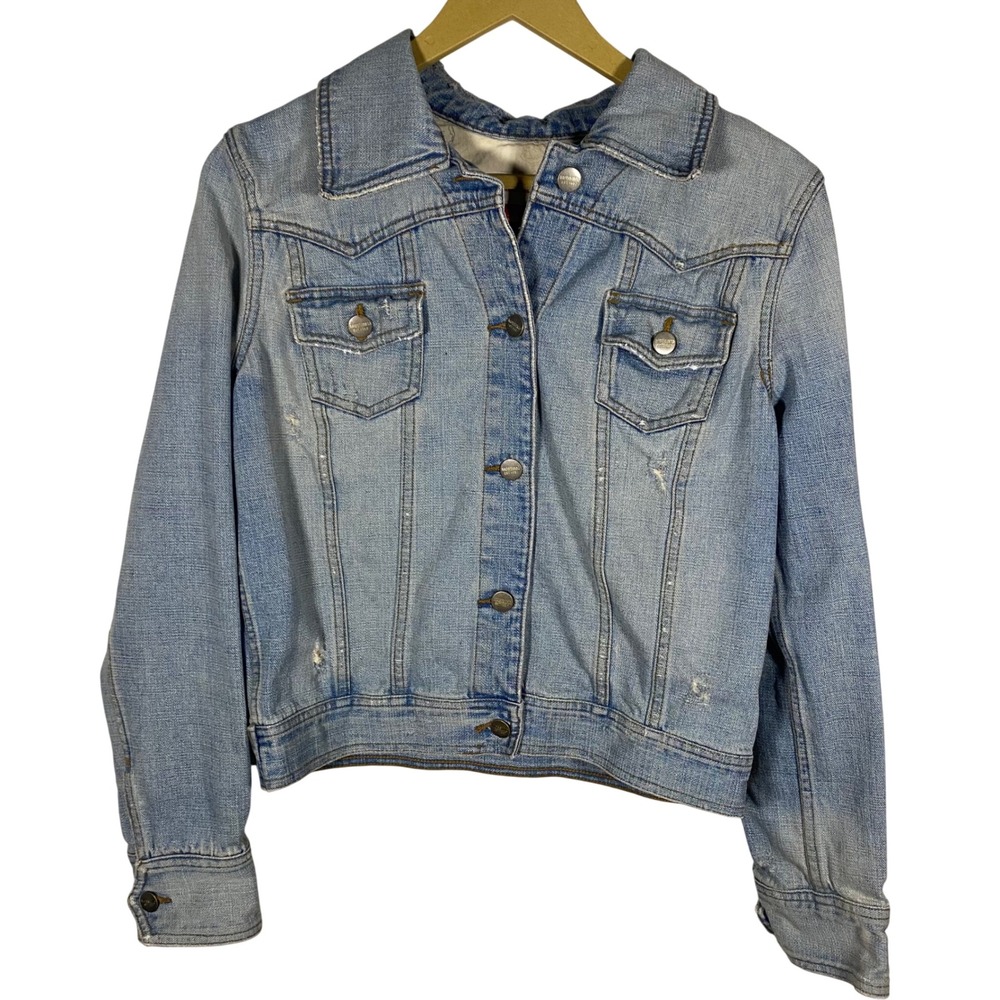 Vintage Y2K Mossimo Distressed Denim Trucker‎ Jacket Womens Large 100% Cotton